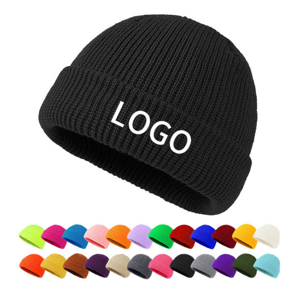 Wholesale Short Cuff Knitted Fisherman Beanie Cap Custom Private Label Logo Acrylic Knitted Hat for Men Women Kids Children