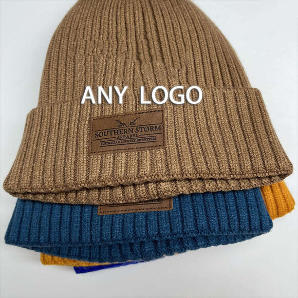 Luxury Men's Custom Logo Knitted Crochet Winter Hat with Leather Patch