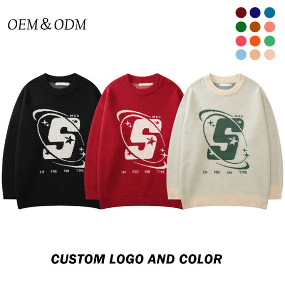 Custom Made Oem & ODM Men's Sweaters Jacquard Cartoon Sweater Knitwear Fashion Knitted Sweater Round Neck Cotton Black Custom Sweater - Image 6