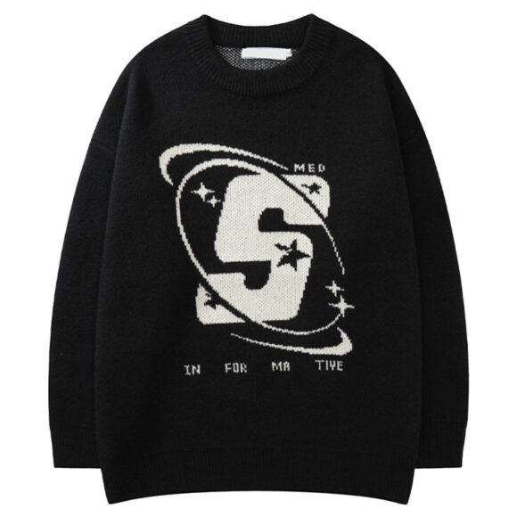Custom Made Oem & ODM Men's Sweaters Jacquard Cartoon Sweater Knitwear Fashion Knitted Sweater Round Neck Cotton Black Custom Sweater - Image 5